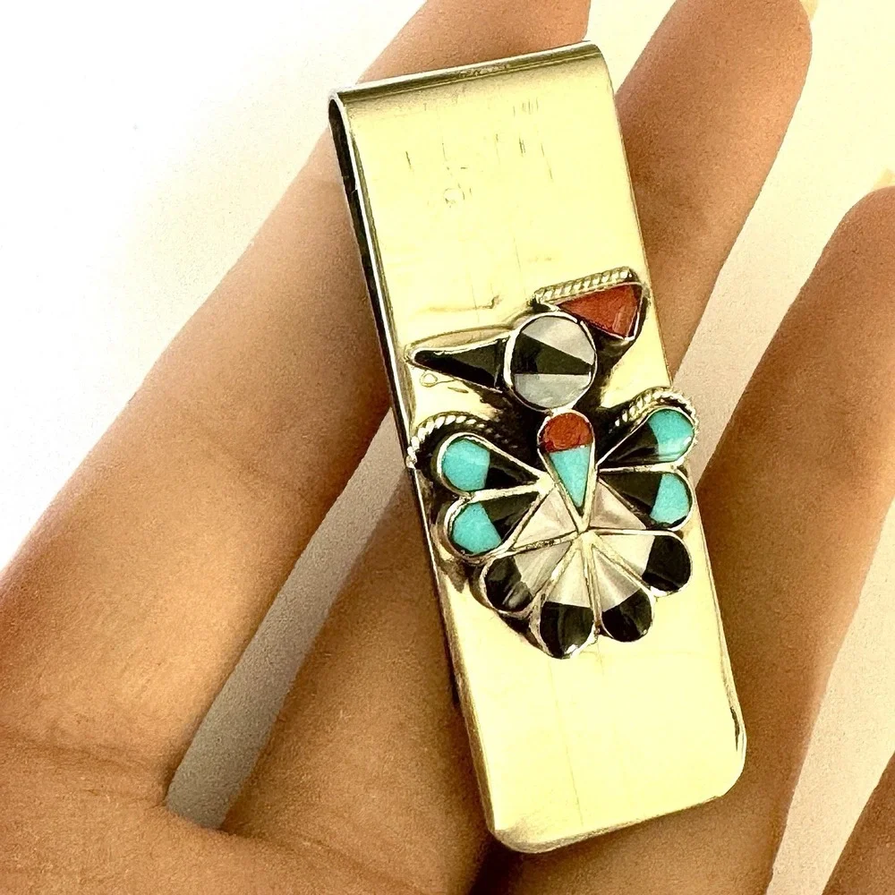 Turquoise Thunderbird Money Clip Silver 2in Mens Gift Signed Nastacio Zuni Inlay